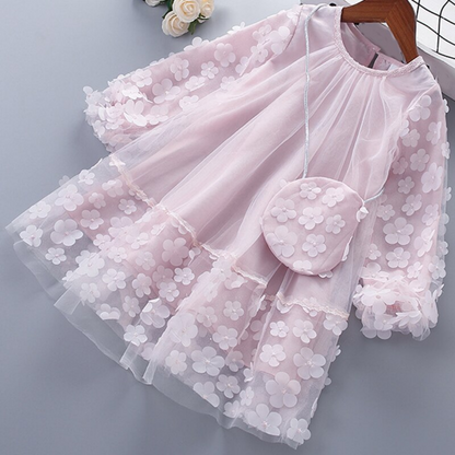 Floral Design Multi-Layer Long Sleeve Girl Mesh Dress