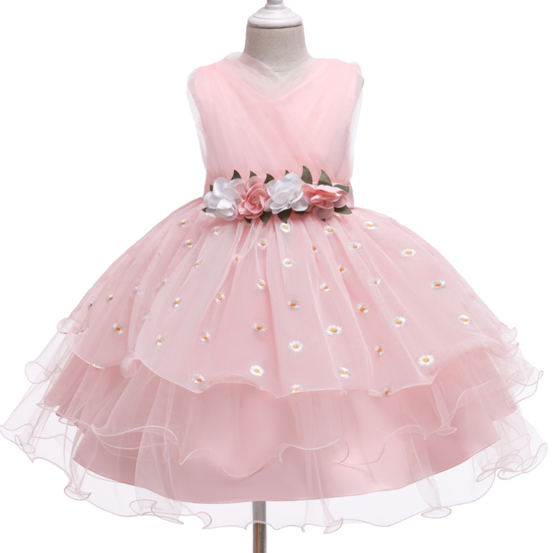 Floral Embroidery Layered Mesh Wedding Flower Girl Dress
