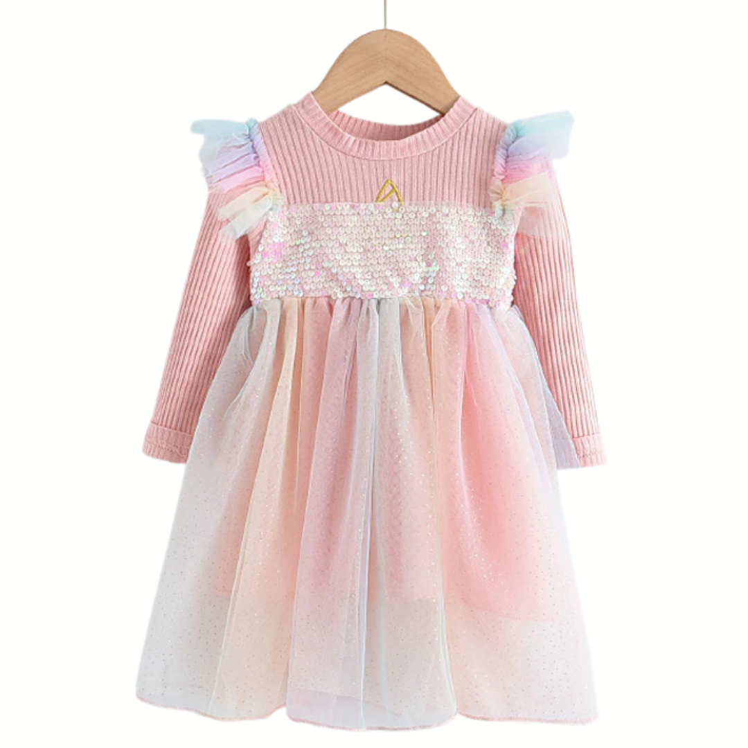 Princess Unicorn Print Knitted Sweater Mesh Dress
