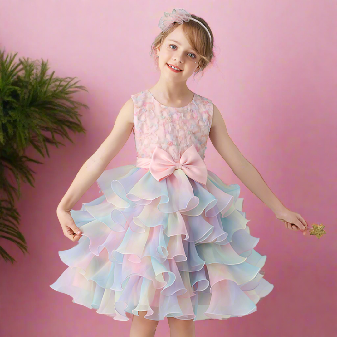 Rainbow Layered Skirt and Bow Design Flower Girl Party Dress