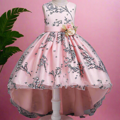 Rose Design Floral Long Back Girls Fashion Party Dress