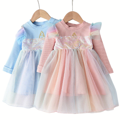 Princess Unicorn Print Knitted Sweater Mesh Dress