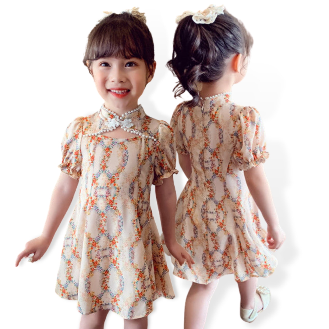 Puff Sleeves Floral Print Qipao Style Princess Casual Dress