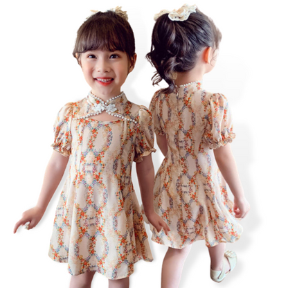 Puff Sleeves Floral Print Qipao Style Princess Casual Dress