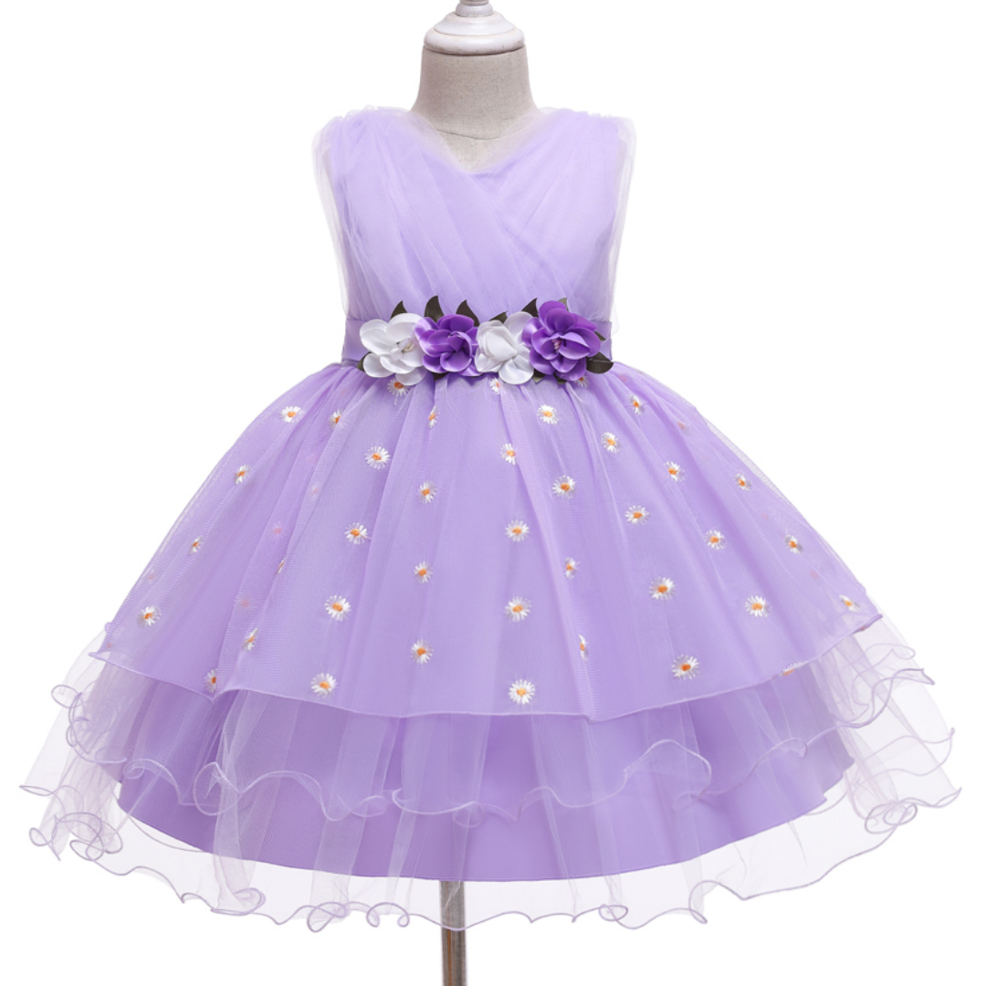 Floral Embroidery Layered Mesh Wedding Flower Girl Dress
