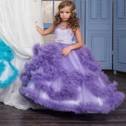Layered Lace Ruffle and Rhinestone Design Princess Ball Gown