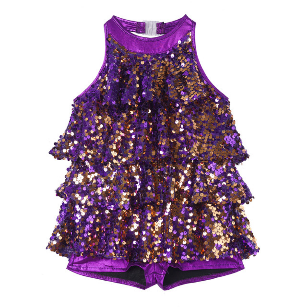 Shiny Sequins Halter Ballet Dance Shorty Unitard Dress