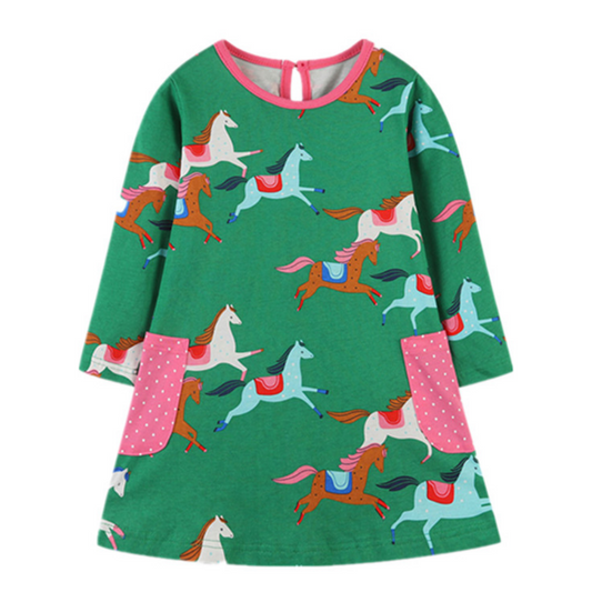 Racing Horse Print Design Long Sleeve Top Dress