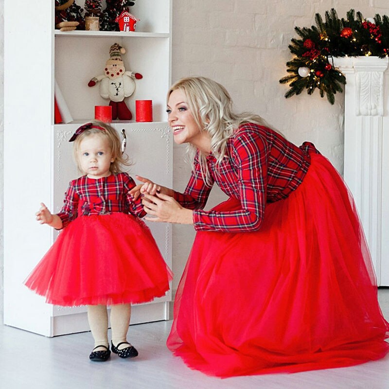 Plaid Long Sleeve Mommy and Me Matching Dress