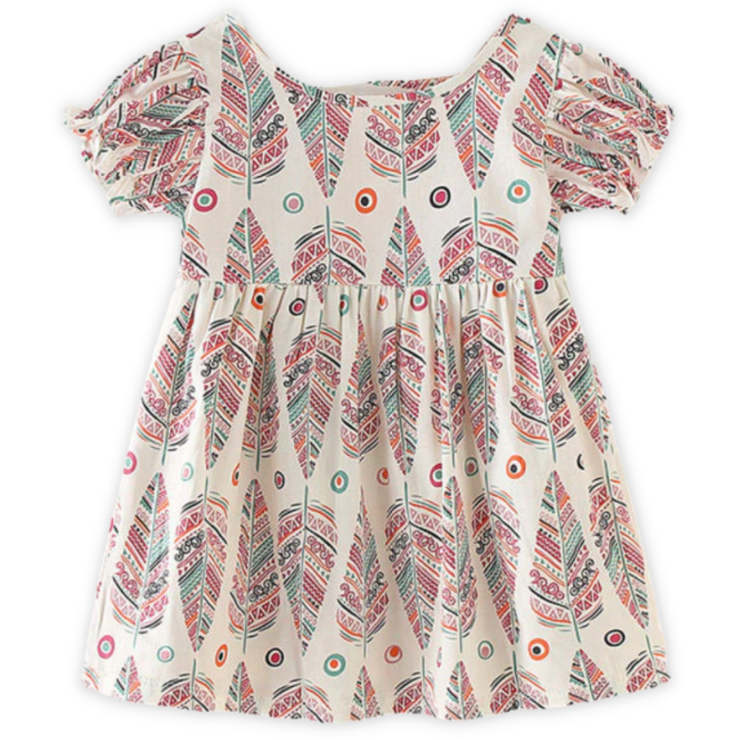 Nature Pattern Print Baby Girl Puff Sleeves Sundress