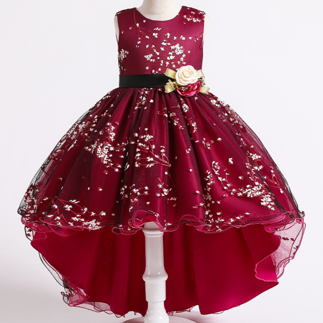 Rose Design Floral Long Back Girls Fashion Party Dress