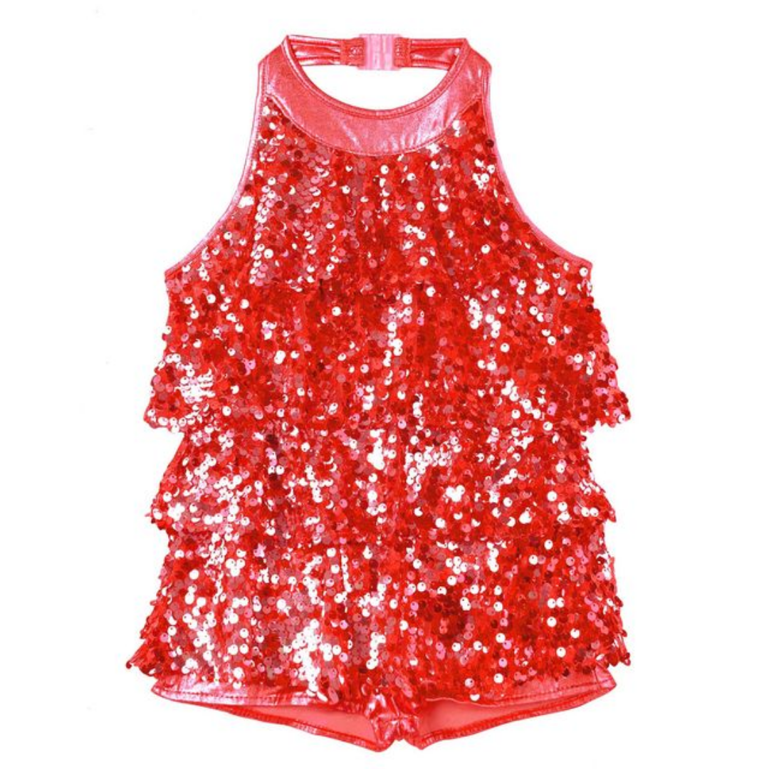 Shiny Sequins Halter Ballet Dance Shorty Unitard Dress
