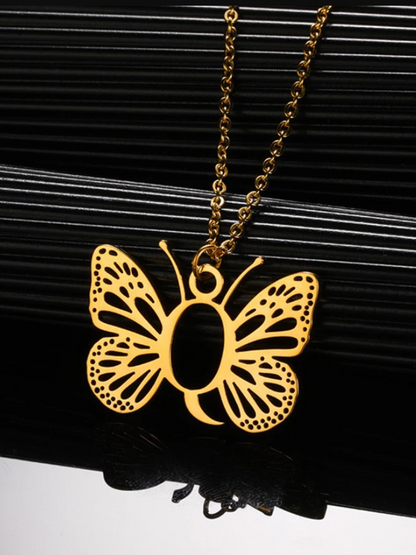 Girls Sweet Keepsake Butterfly Letter Pendant Necklace