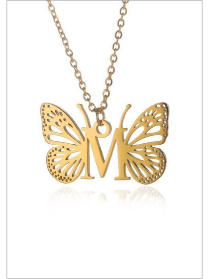 Girls Sweet Keepsake Butterfly Letter Pendant Necklace