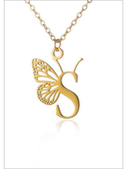 Girls Sweet Keepsake Butterfly Letter Pendant Necklace