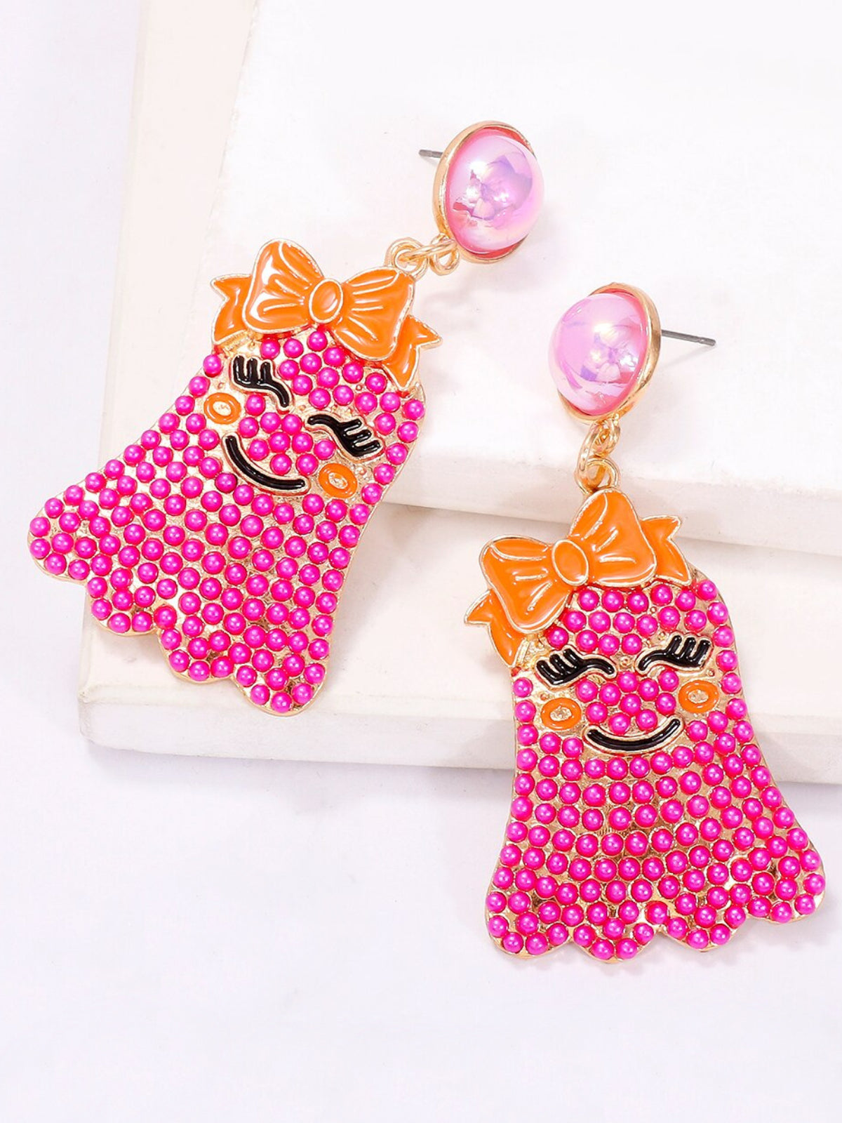 Girls Smiley Spook Beaded Ghost Drop Earrings