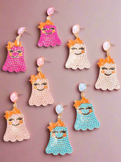 Girls Smiley Spook Beaded Ghost Drop Earrings