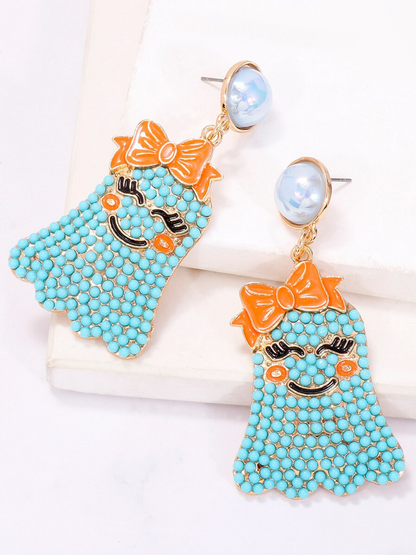 Girls Smiley Spook Beaded Ghost Drop Earrings