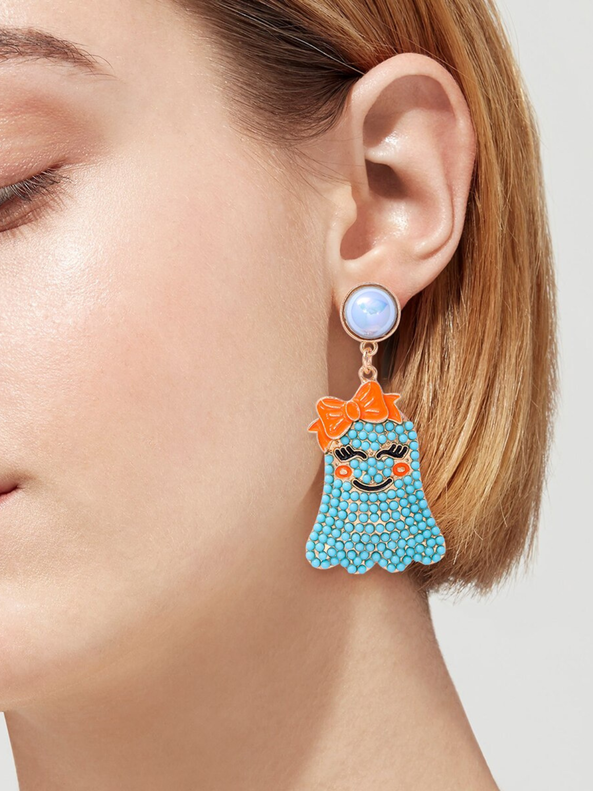 Girls Smiley Spook Beaded Ghost Drop Earrings