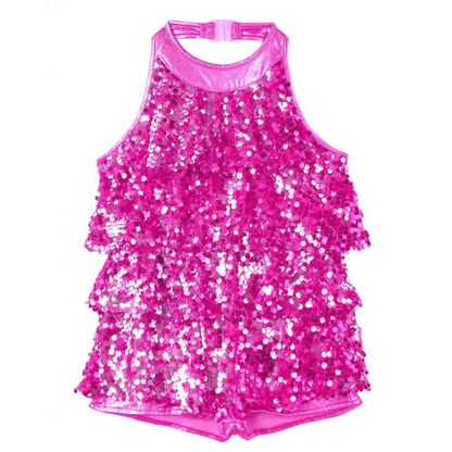 Shiny Sequins Halter Ballet Dance Shorty Unitard Dress