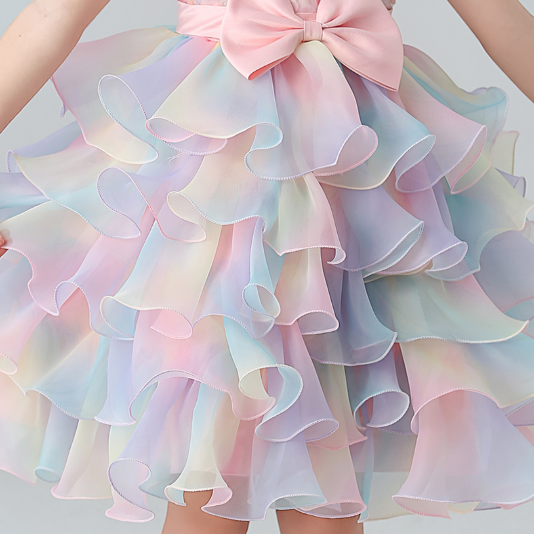 Rainbow Layered Skirt and Bow Design Flower Girl Party Dress