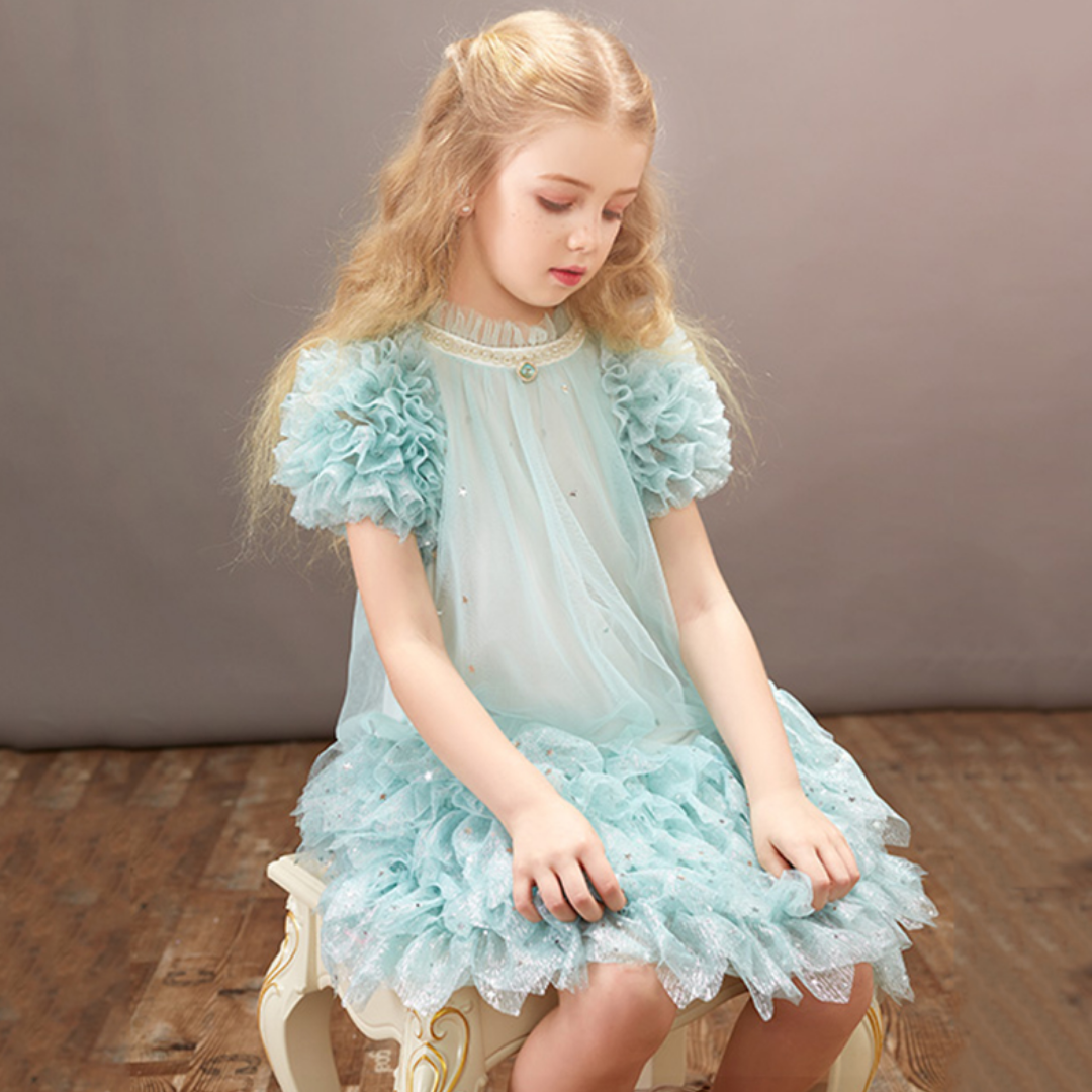 Ruffles Sleeves and Skirt Dotted Fashion Soft Tulle Dress