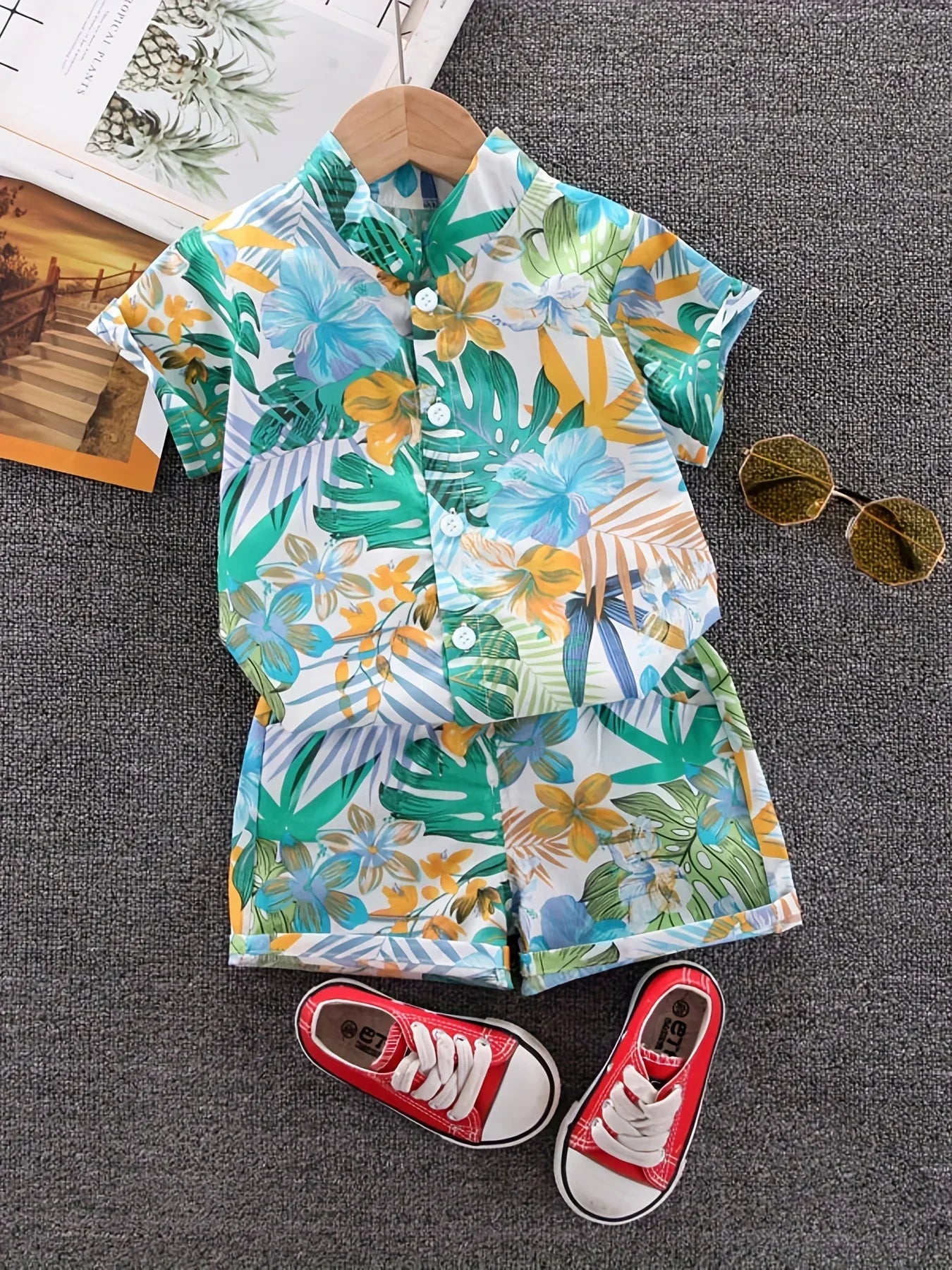 Summer Leaf & Flower Print Short Sleeve Set for Children