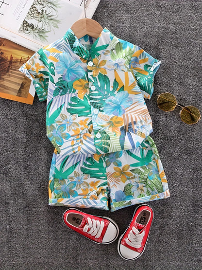 Summer Leaf & Flower Print Short Sleeve Set for Children