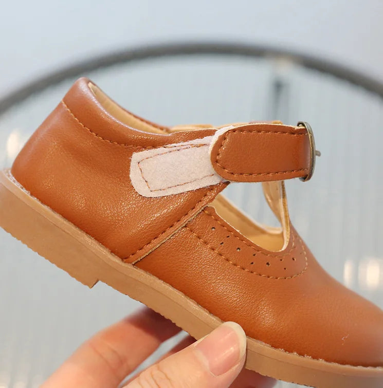 Kids T-Strap Leather Flats: Breathable