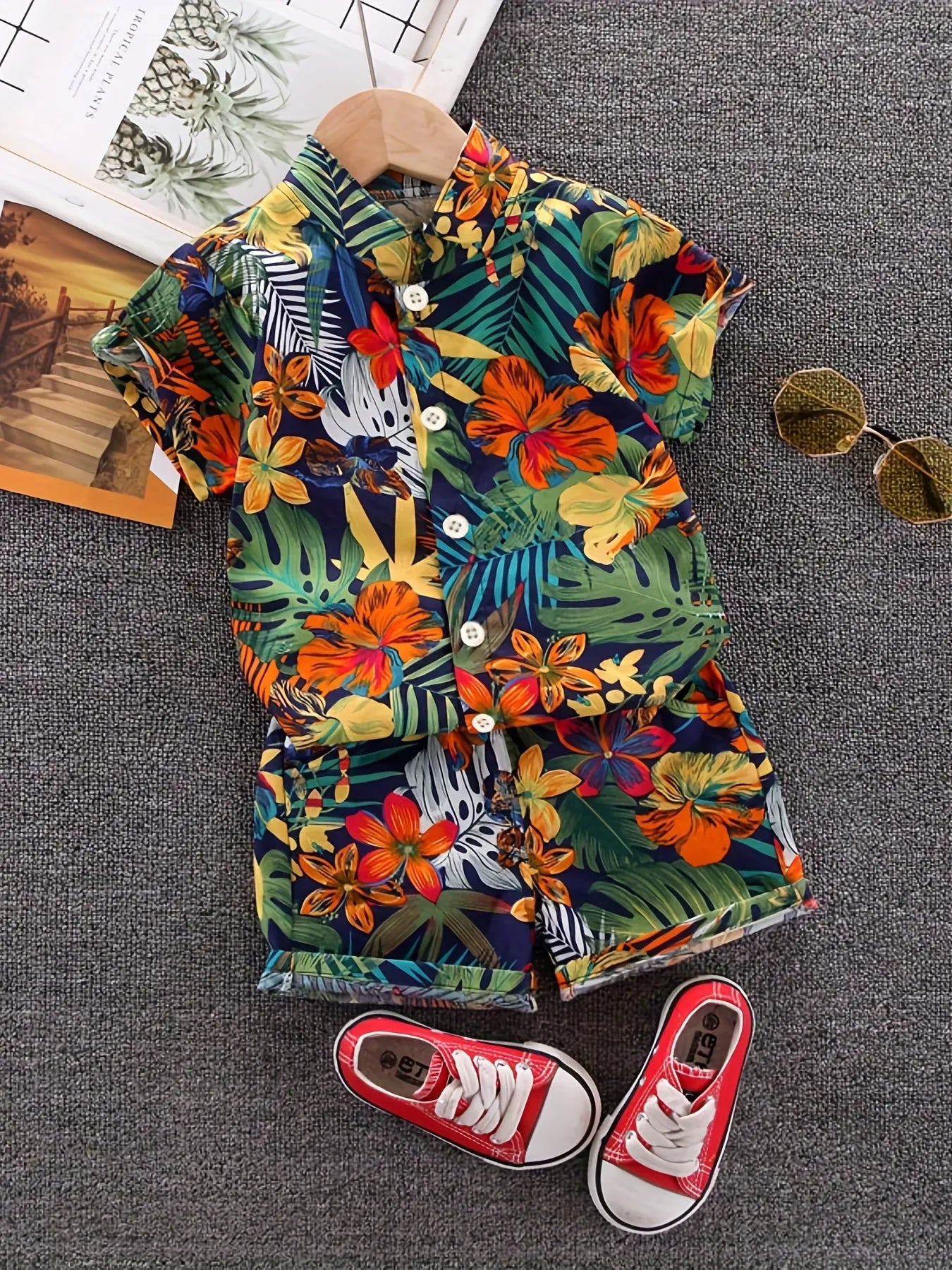Summer Leaf & Flower Print Short Sleeve Set for Children