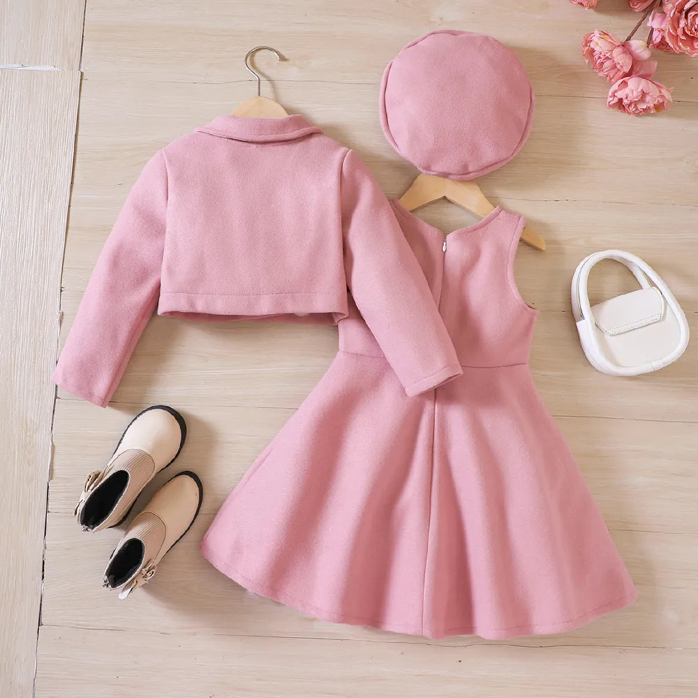 Girls' Autumn/Winter Bow Fleece Coat+Tank Top Dress+Beret