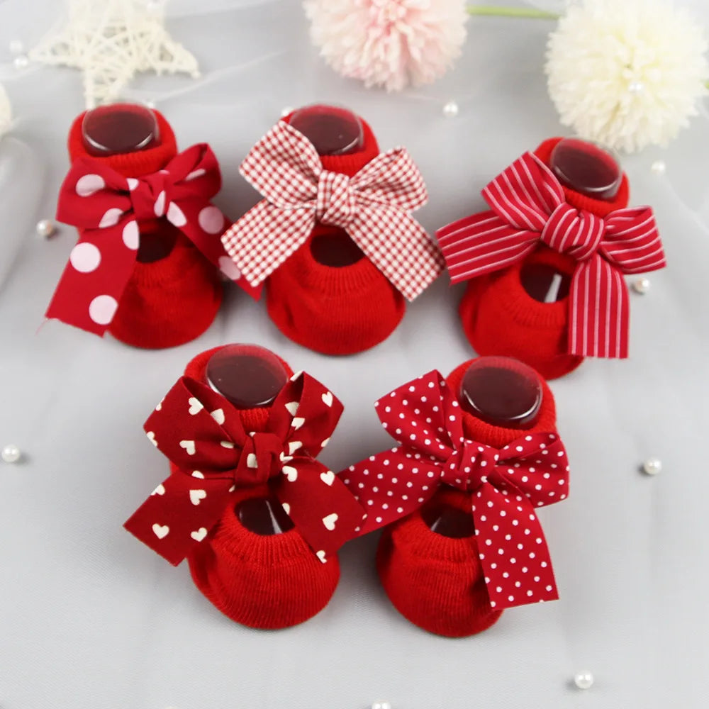 Newborn Bow Cotton Socks: Infant Anti-Slip Rubber Soles