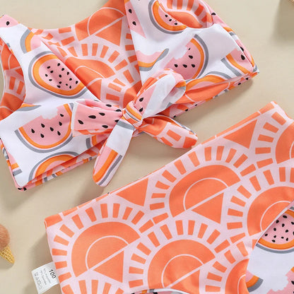 Watermelon Print Striped Swimsuit: Kid Girl's Two-Piece Beach Bathing Suit