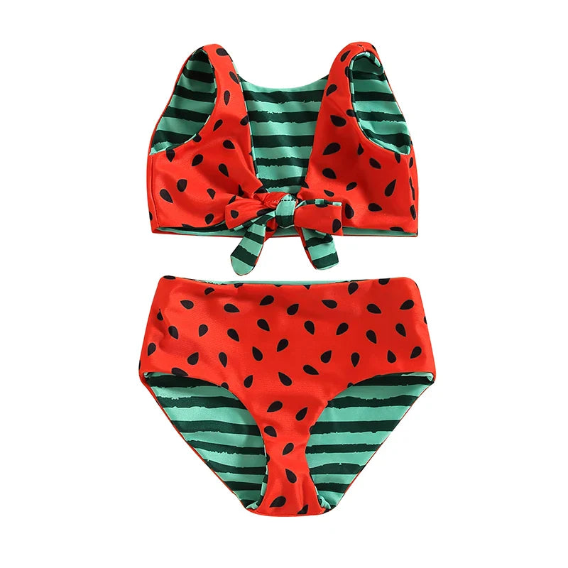 Watermelon Print Striped Swimsuit: Kid Girl's Two-Piece Beach Bathing Suit