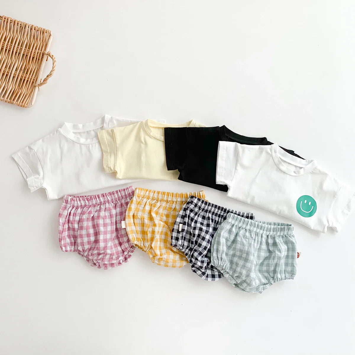 Smile Face Cotton T-shirt + Plaid Shorts Set: Summer Baby Outfit