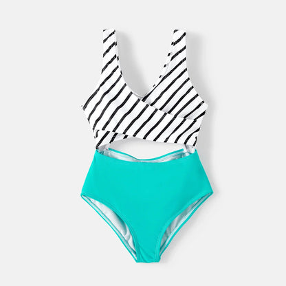 Family Matching Swimwear: Striped One-Piece & Colorblock Trunks, Summer Ready