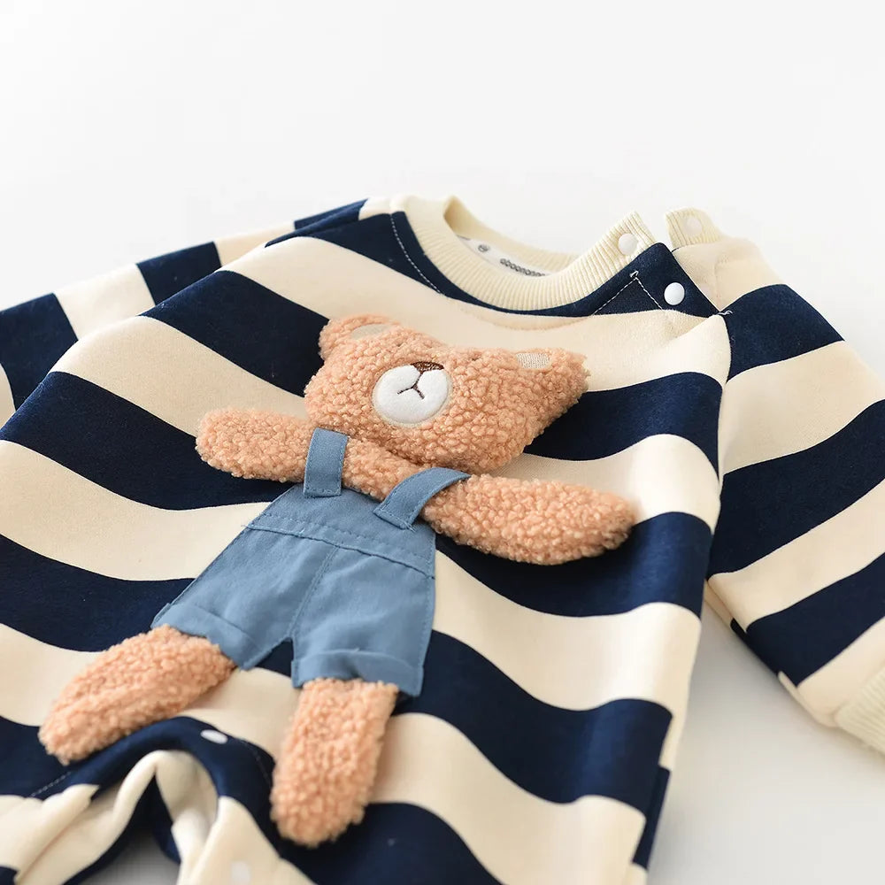Thick Lining Baby Rompers - Striped Bear Outfit