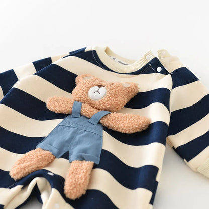 Thick Lining Baby Rompers - Striped Bear Outfit