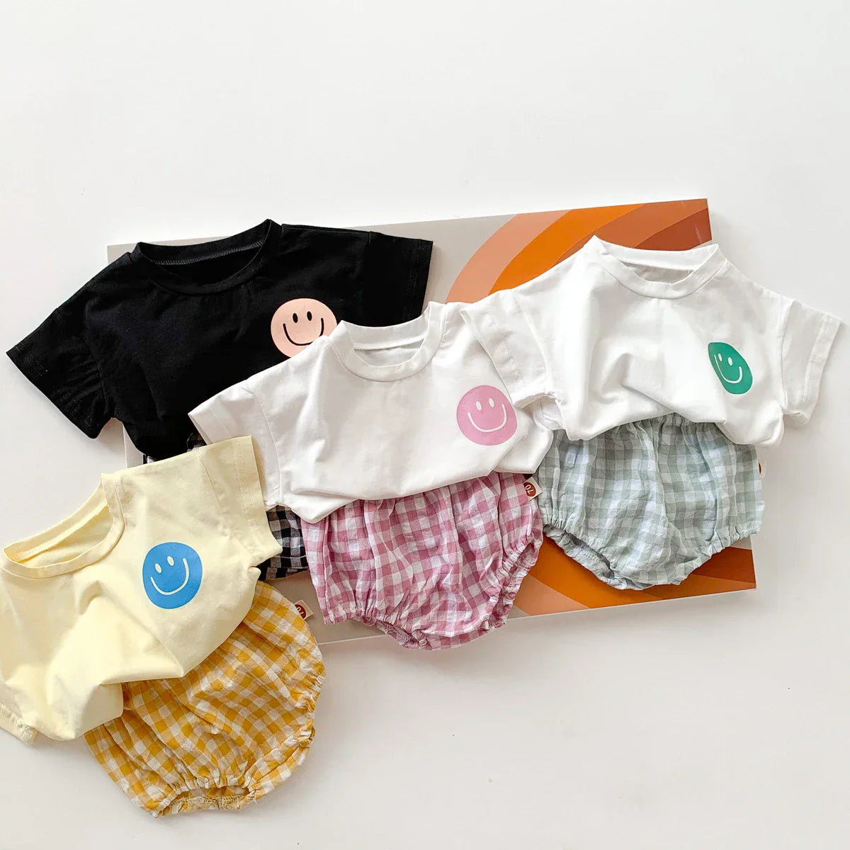 Smile Face Cotton T-shirt + Plaid Shorts Set: Summer Baby Outfit
