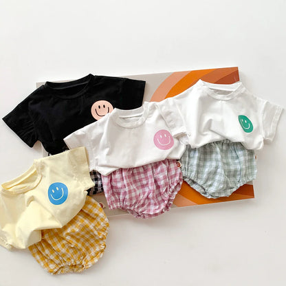 Smile Face Cotton T-shirt + Plaid Shorts Set: Summer Baby Outfit