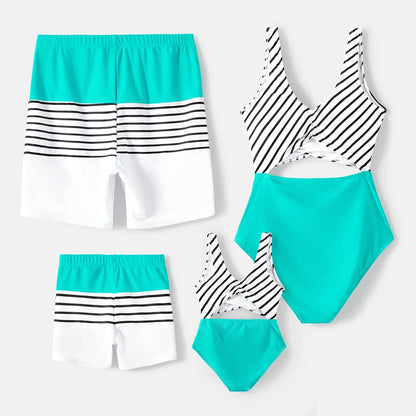 Family Matching Swimwear: Striped One-Piece & Colorblock Trunks, Summer Ready