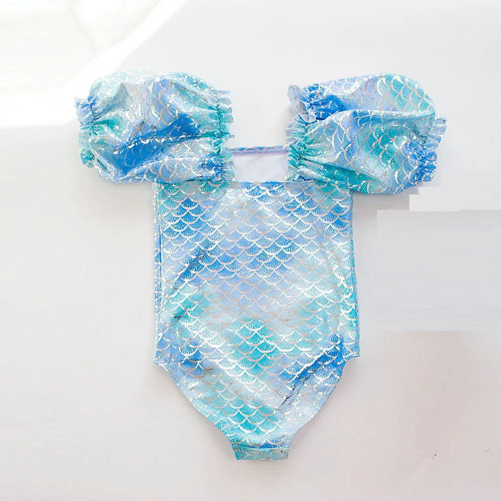 Gradient Puff Sleeve Girls' Swimsuit - Mermaid Bathing Suit