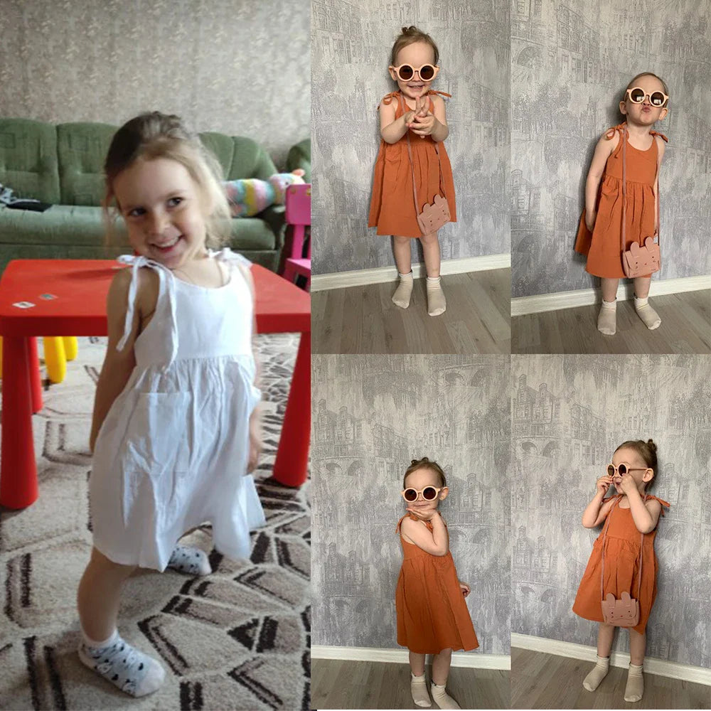 Girls' Summer Suspender Dress: Solid Color with Pocket