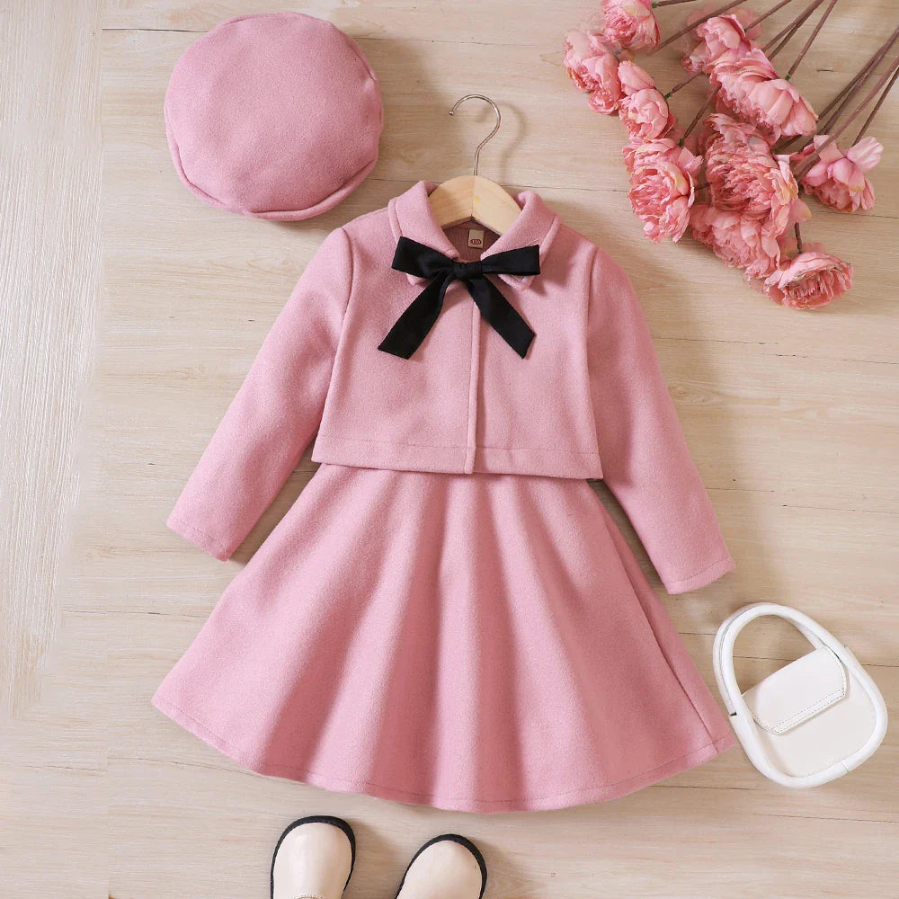Girls' Autumn/Winter Bow Fleece Coat+Tank Top Dress+Beret