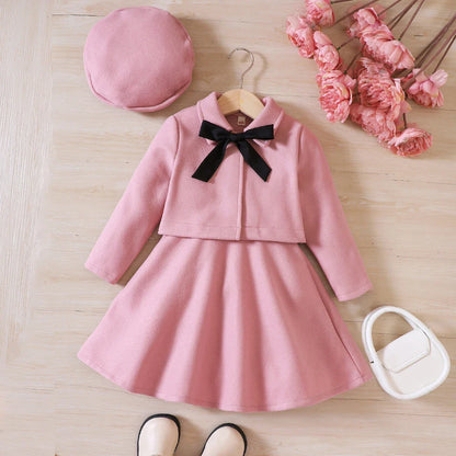Girls' Autumn/Winter Bow Fleece Coat+Tank Top Dress+Beret