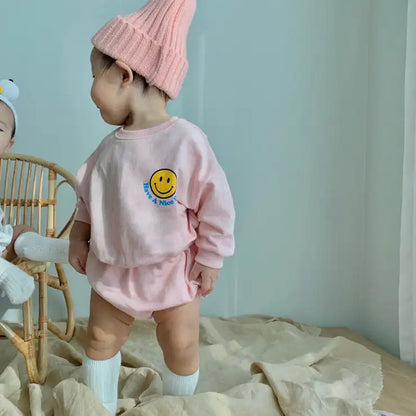 Smiley Face Print Cotton Sweatershirt + PP Short Pants Set: Toddler Sports Outfit