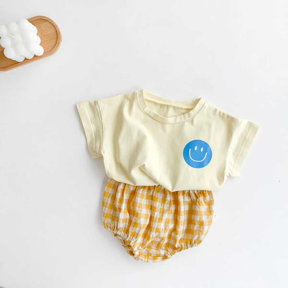 Smile Face Cotton T-shirt + Plaid Shorts Set: Summer Baby Outfit