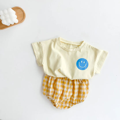 Smile Face Cotton T-shirt + Plaid Shorts Set: Summer Baby Outfit