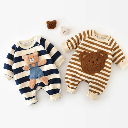 Thick Lining Baby Rompers - Striped Bear Outfit