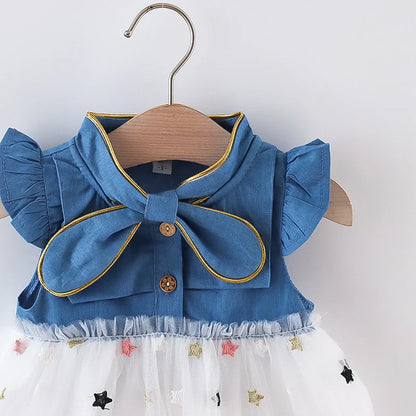 Girls' Summer Bow Denim Dress with Flying Sleeves